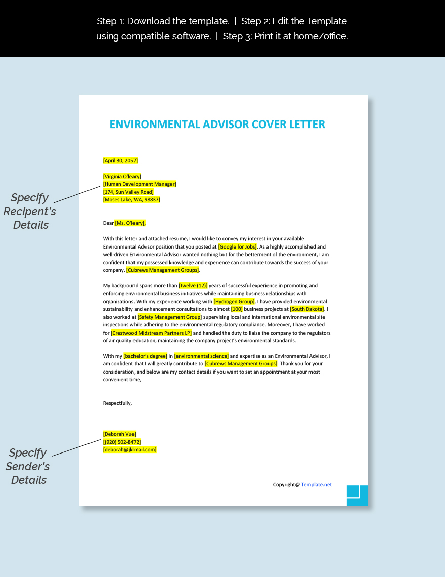 Environmental Advisor Cover Letter