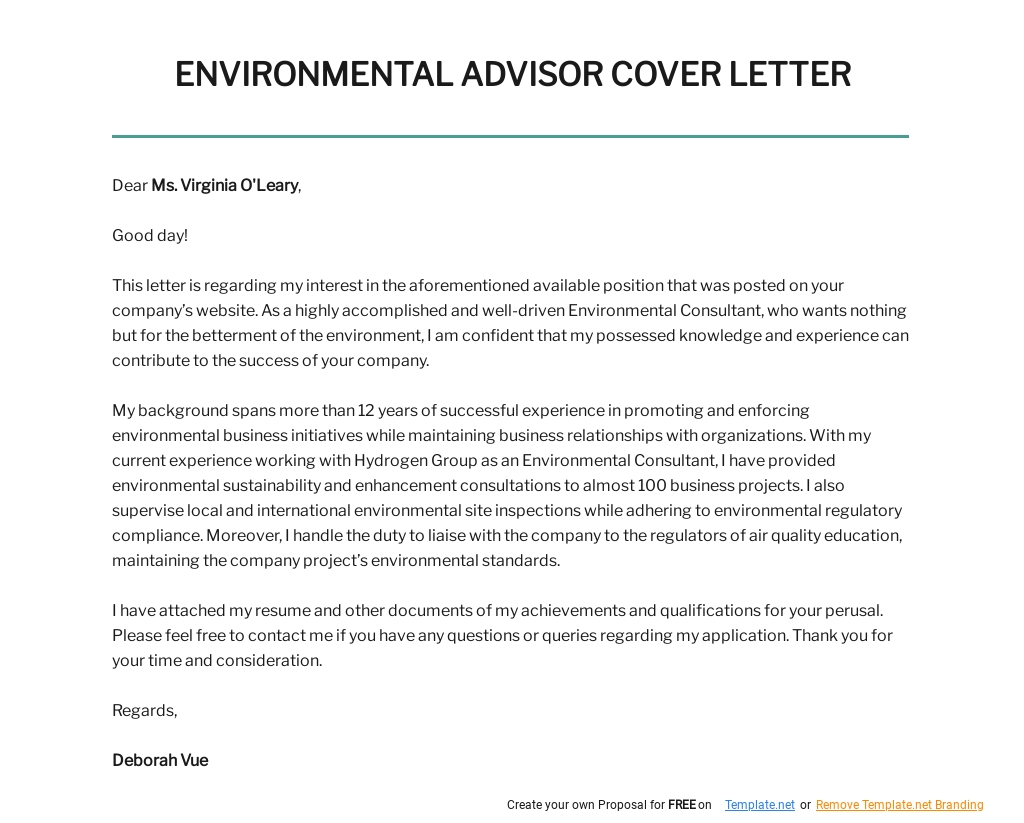 Free Environmental Advisor Cover Letter Template.jpe