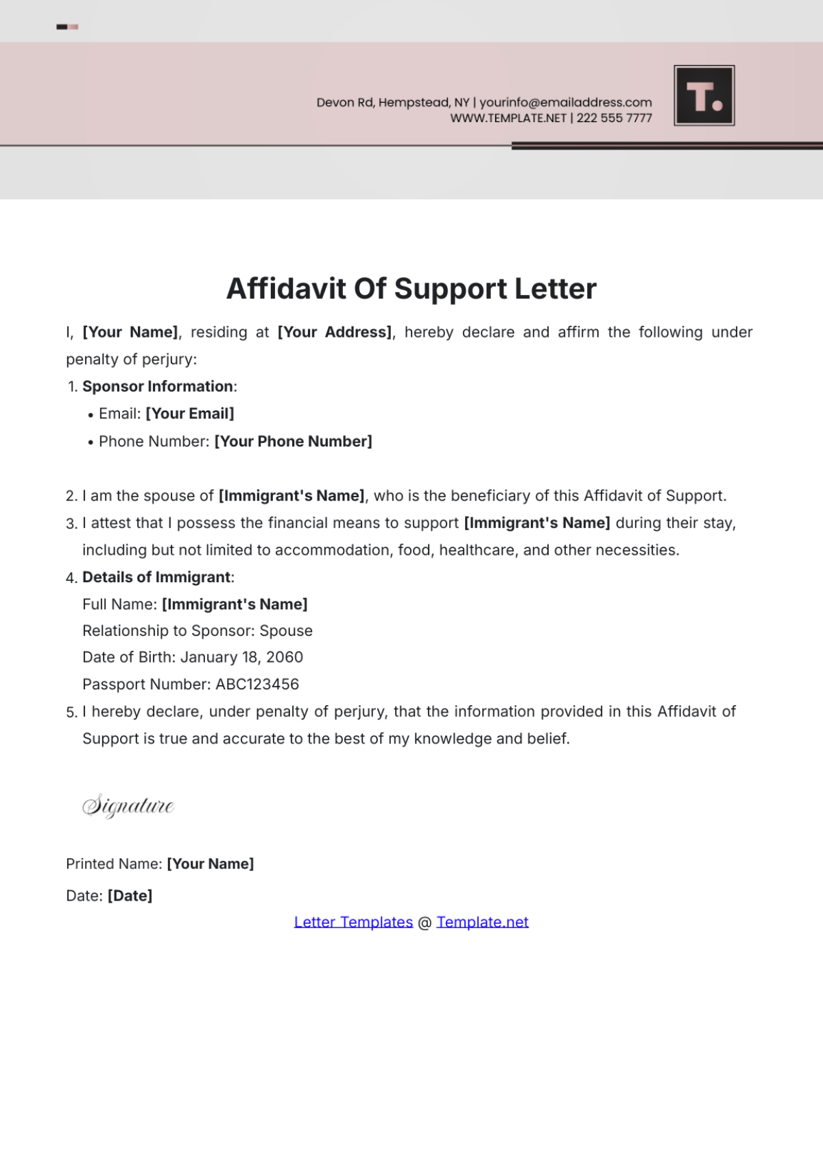 Affidavit Of Support Letter Template - Edit Online & Download