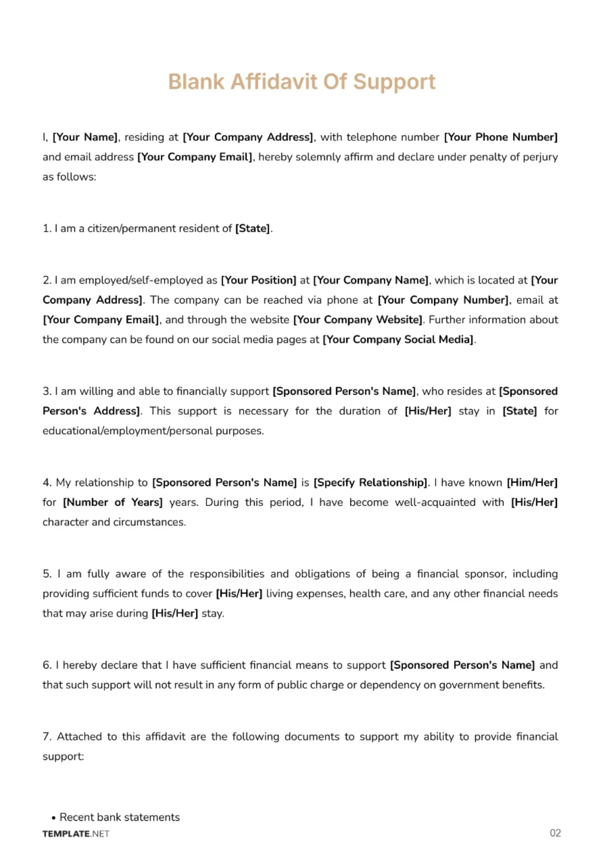 Free Blank Affidavit Of Support Template to Edit Online