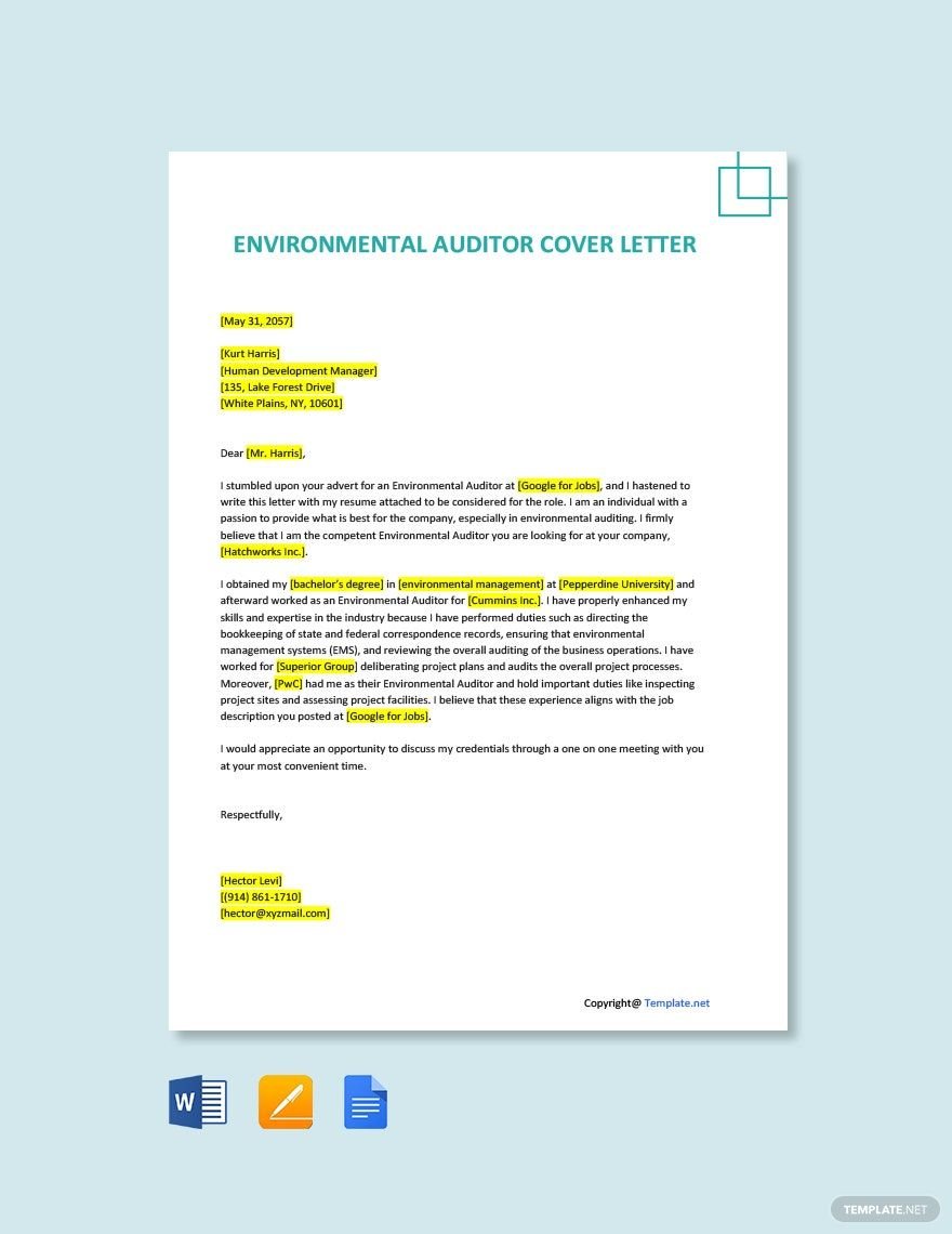Free Environmental Auditor Cover Letter Template