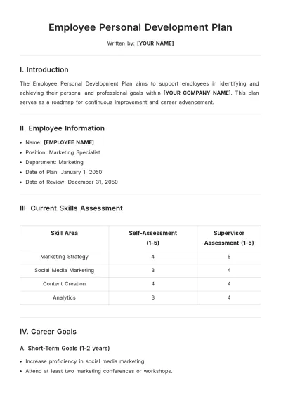 Free Employee Personal Development Plan Template to Edit Online