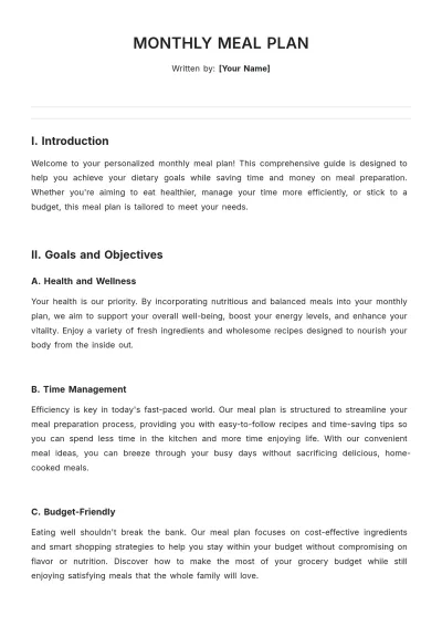 Free Monthly Meal Plan Template to Edit Online