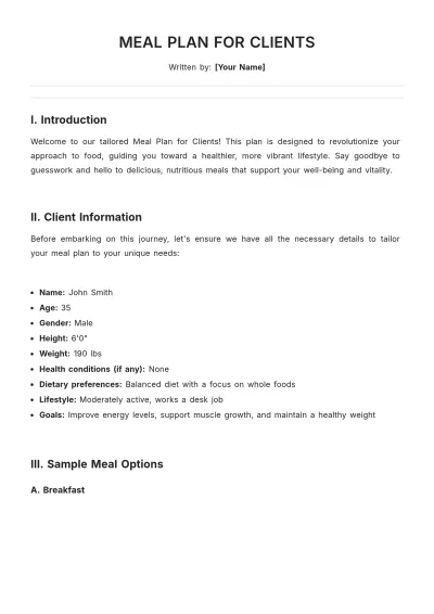 Free Meal Plan Template For Clients to Edit Online