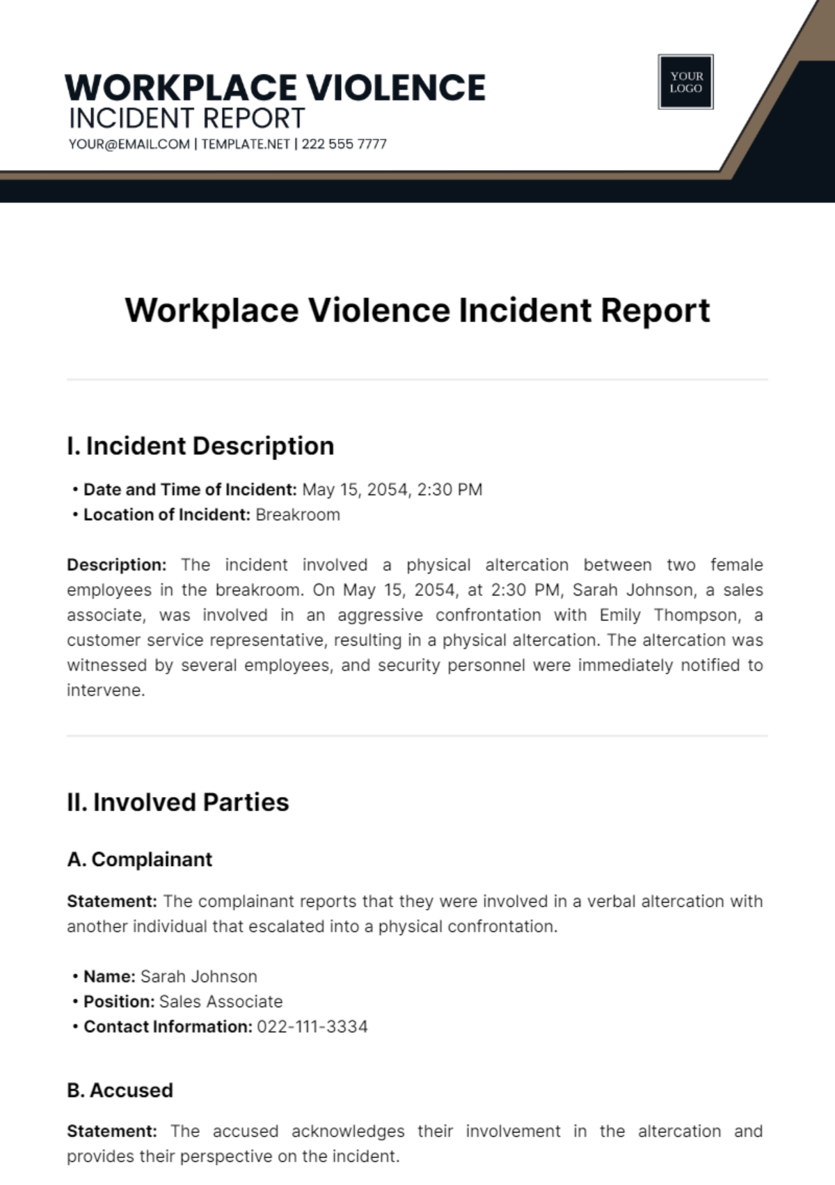 Workplace Violence Incident Report Template - Edit Online & Download