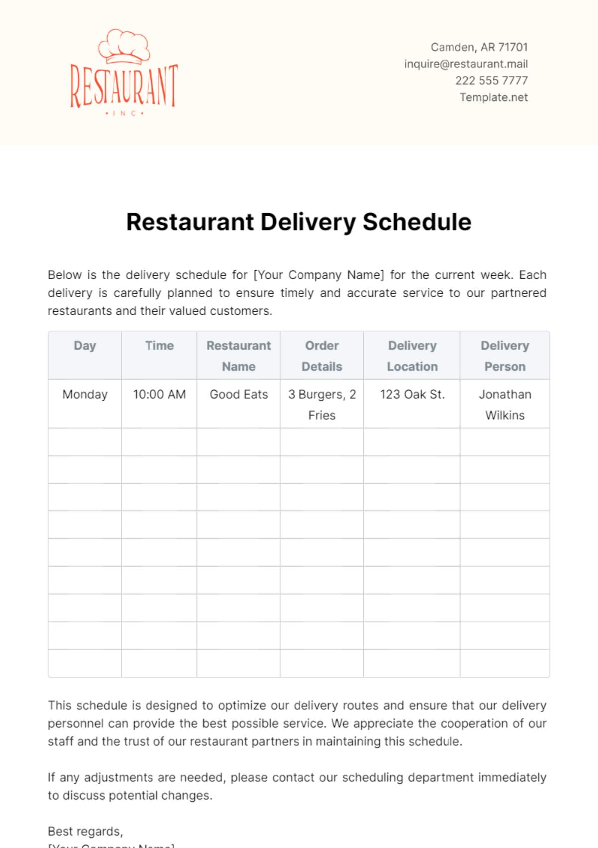 Restaurant Delivery Schedule Template - Edit Online & Download