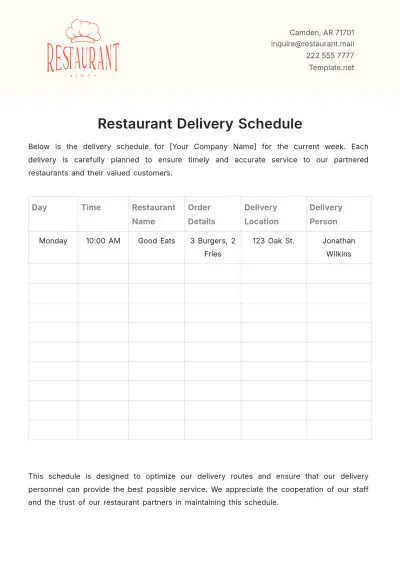 Free Restaurant Delivery Schedule Template to Edit Online