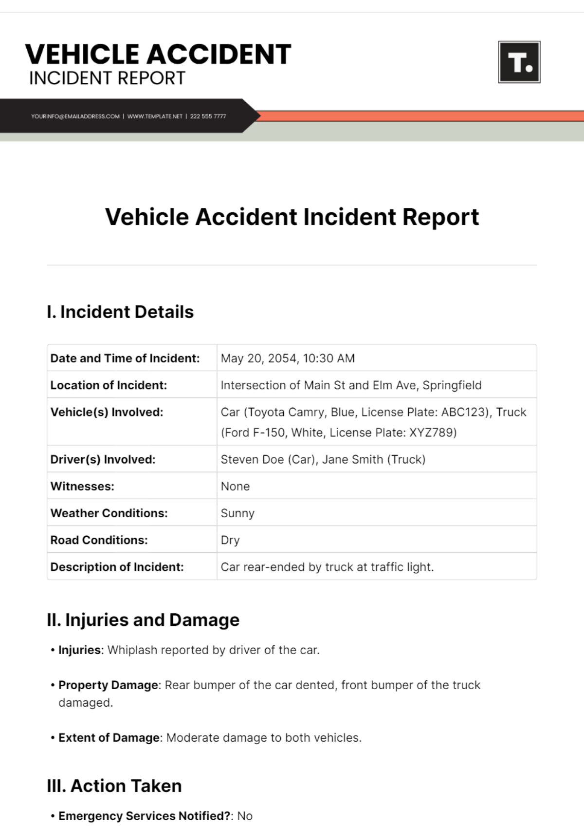 Vehicle Accident Incident Report Template - Edit Online & Download