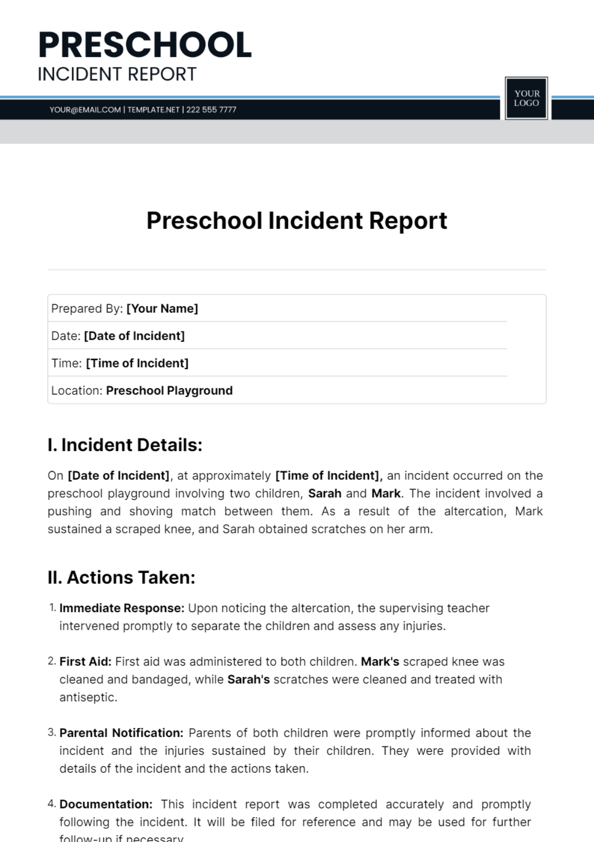 Preschool Incident Report Template - Edit Online & Download