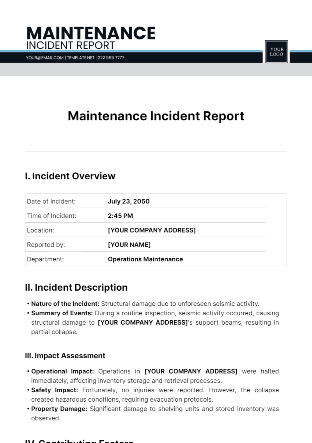 Maintenance Incident Report Template