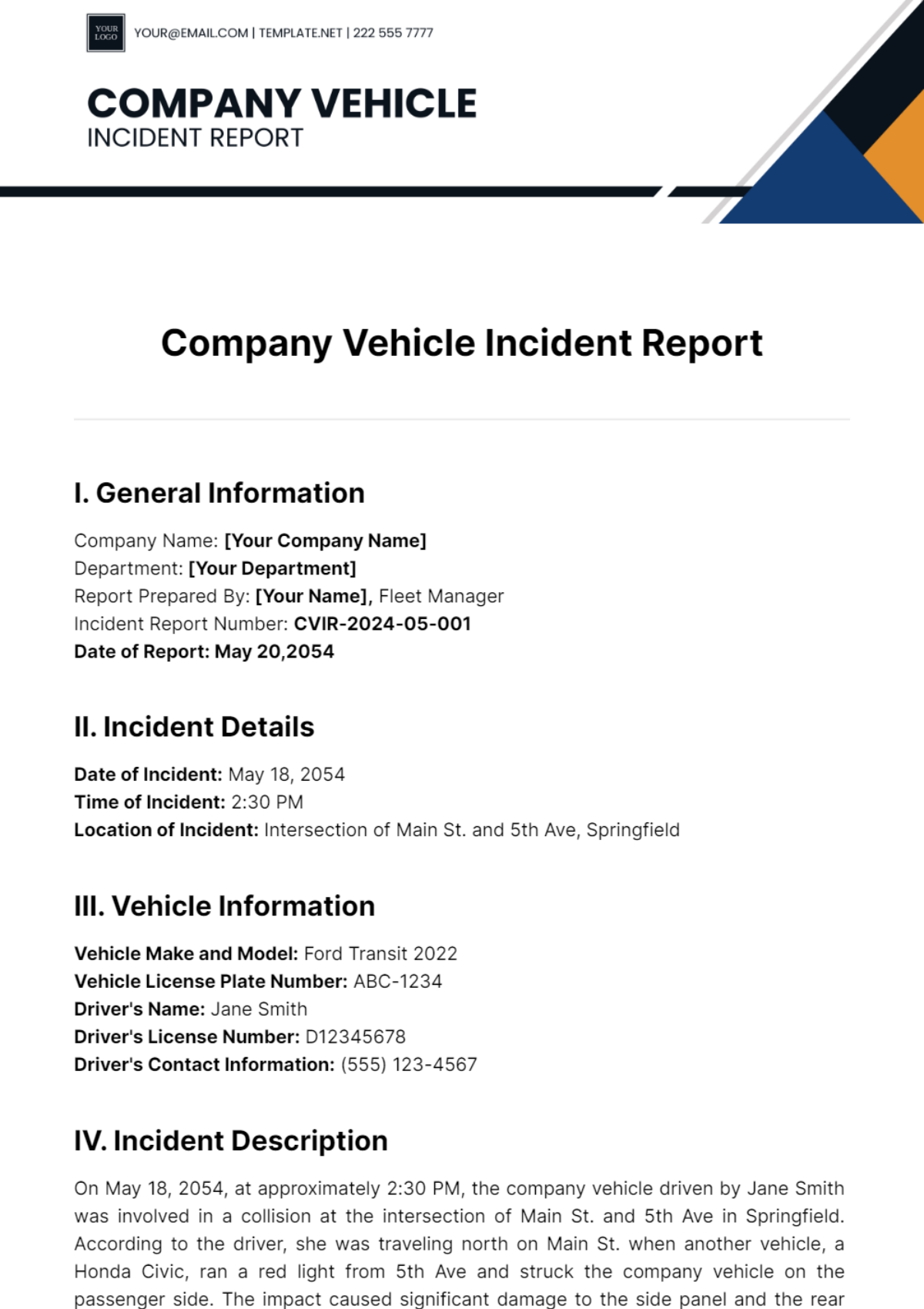 Company Vehicle Incident Report Template - Edit Online & Download