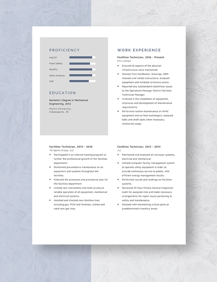 Facilities Technician Resume Template - Word, Apple Pages | Template.net