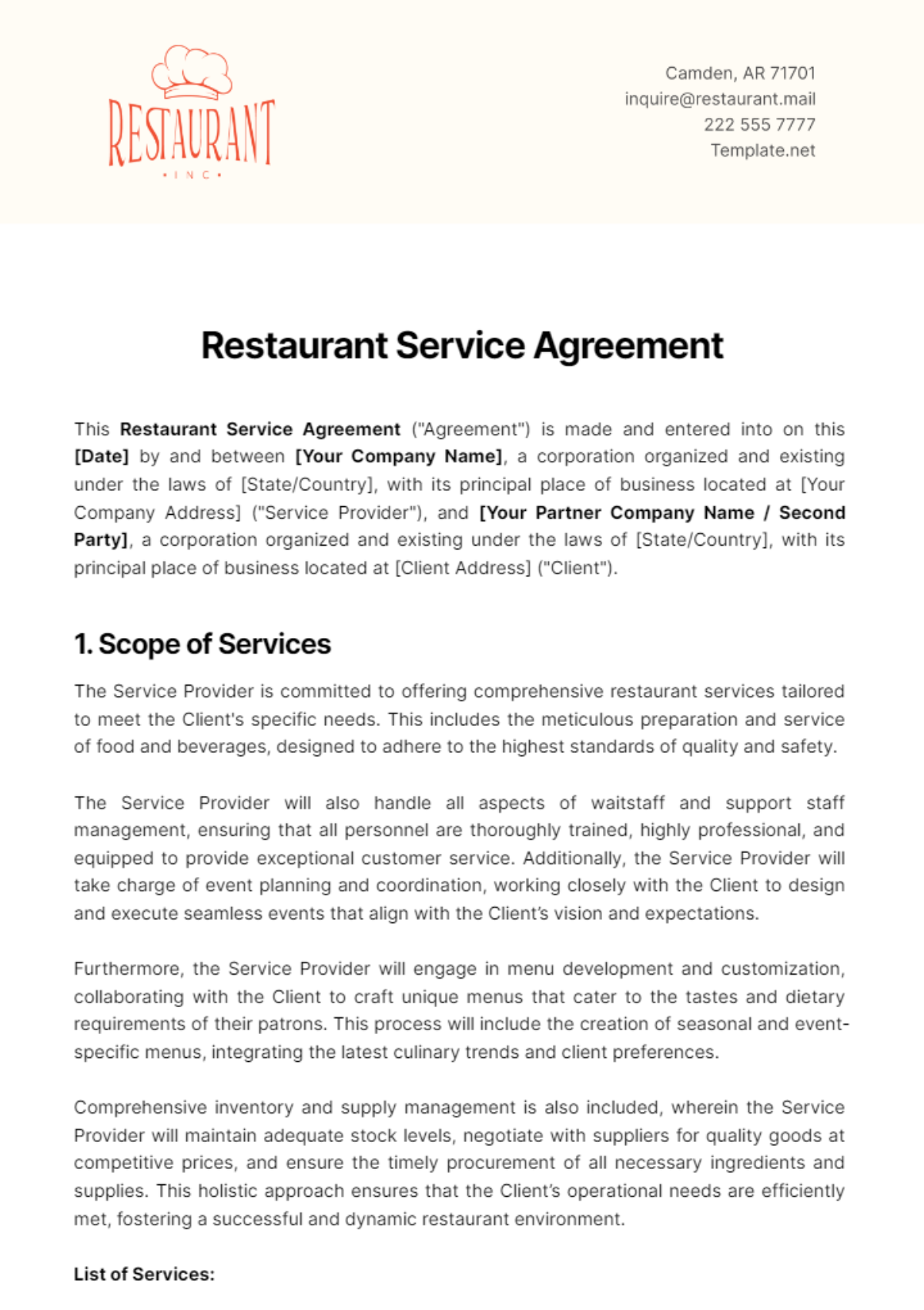 Restaurant Service Agreement Template - Edit Online & Download