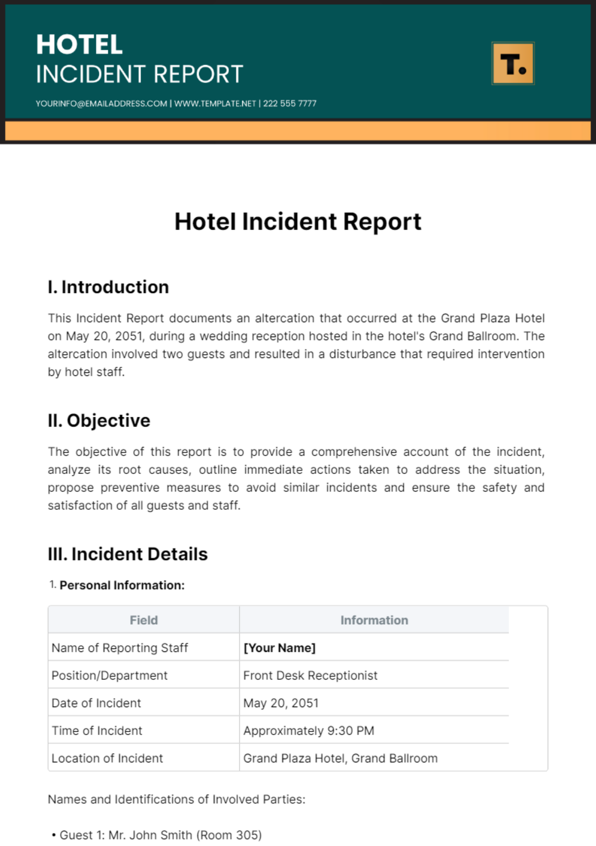 Hotel Incident Report Template - Edit Online & Download