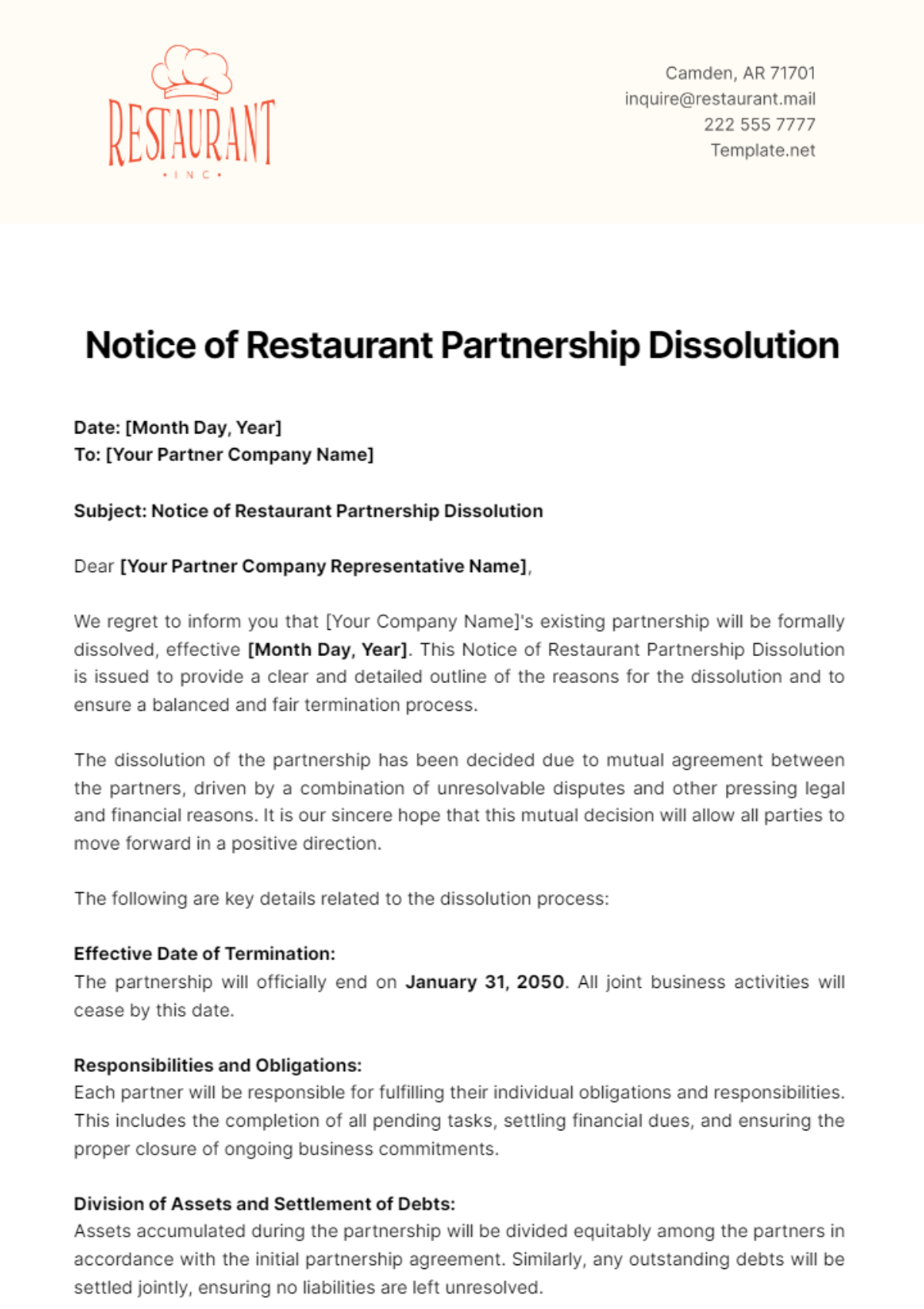 Notice of Restaurant Partnership Dissolution Template