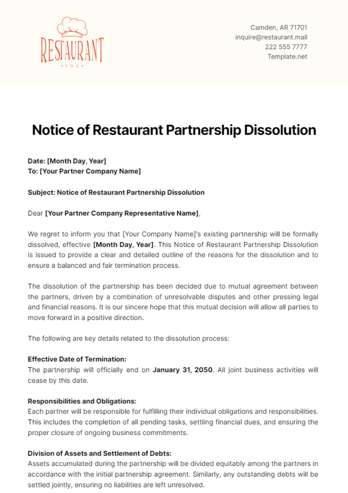 Notice of Restaurant Partnership Dissolution Template - Edit Online & Download