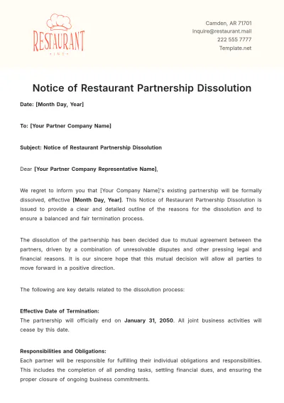 Free Notice of Restaurant Partnership Dissolution Template to Edit Online