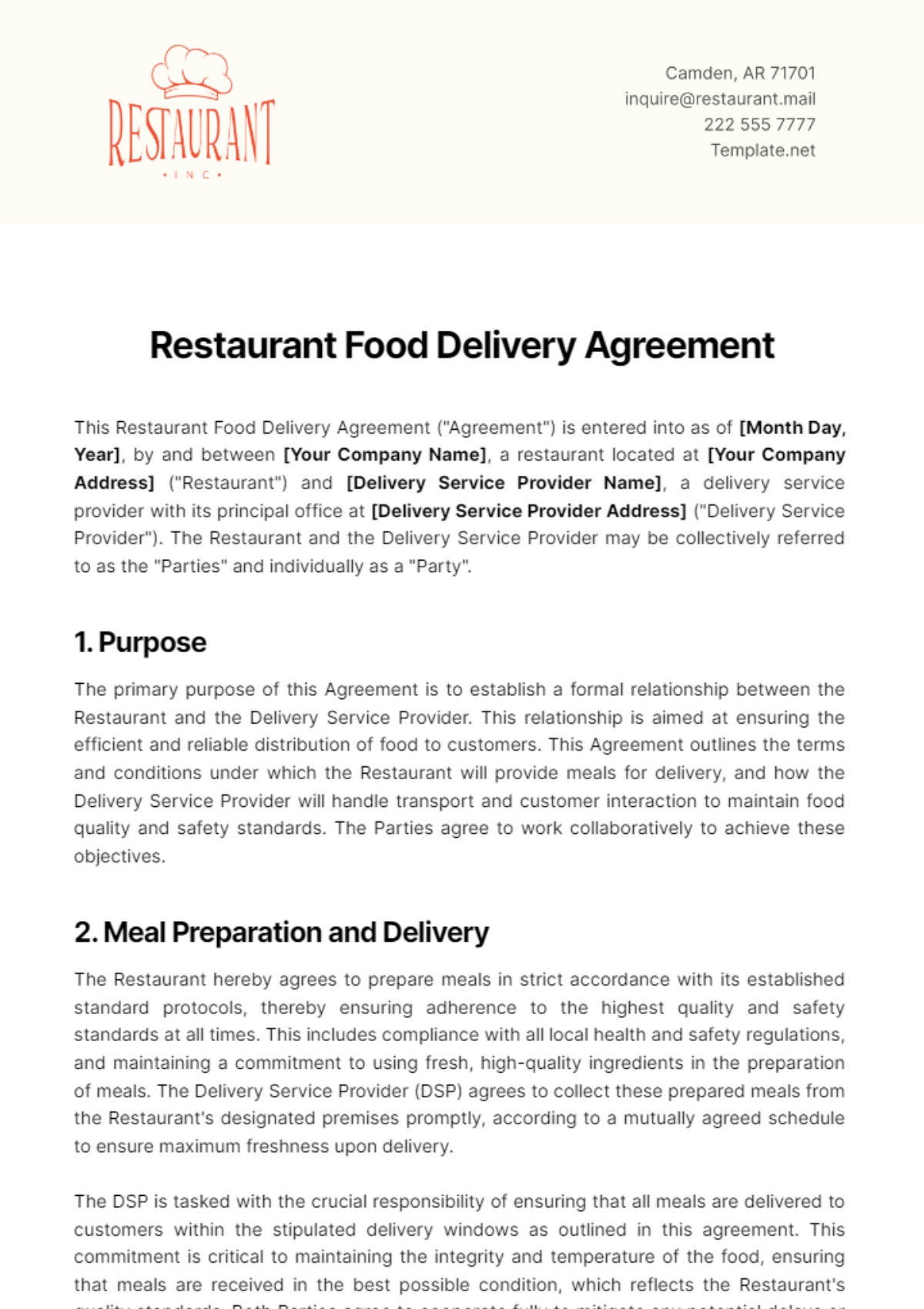 Restaurant Food Delivery Agreement Template - Edit Online & Download