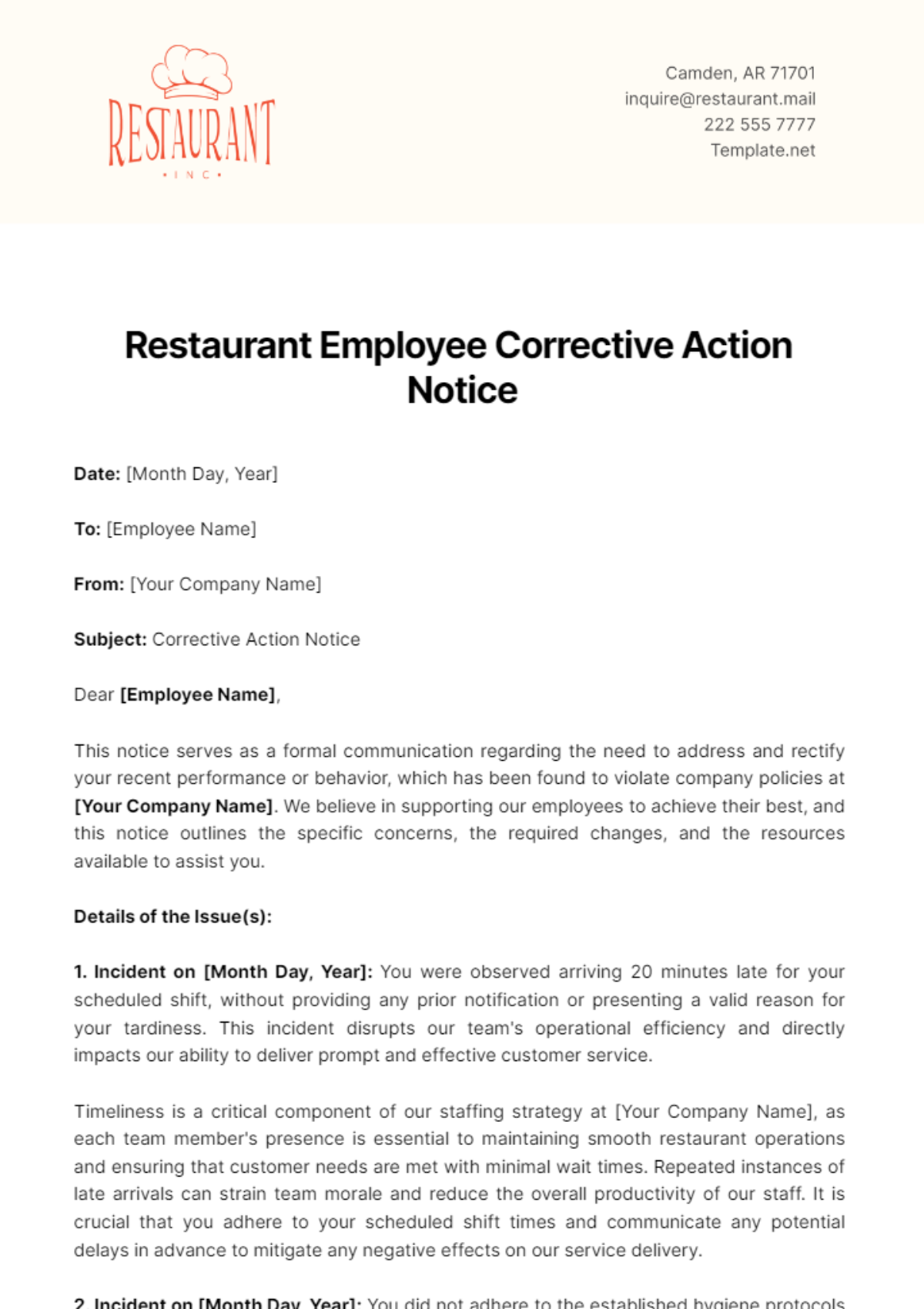 Free Restaurant Employee Corrective Action Notice Template