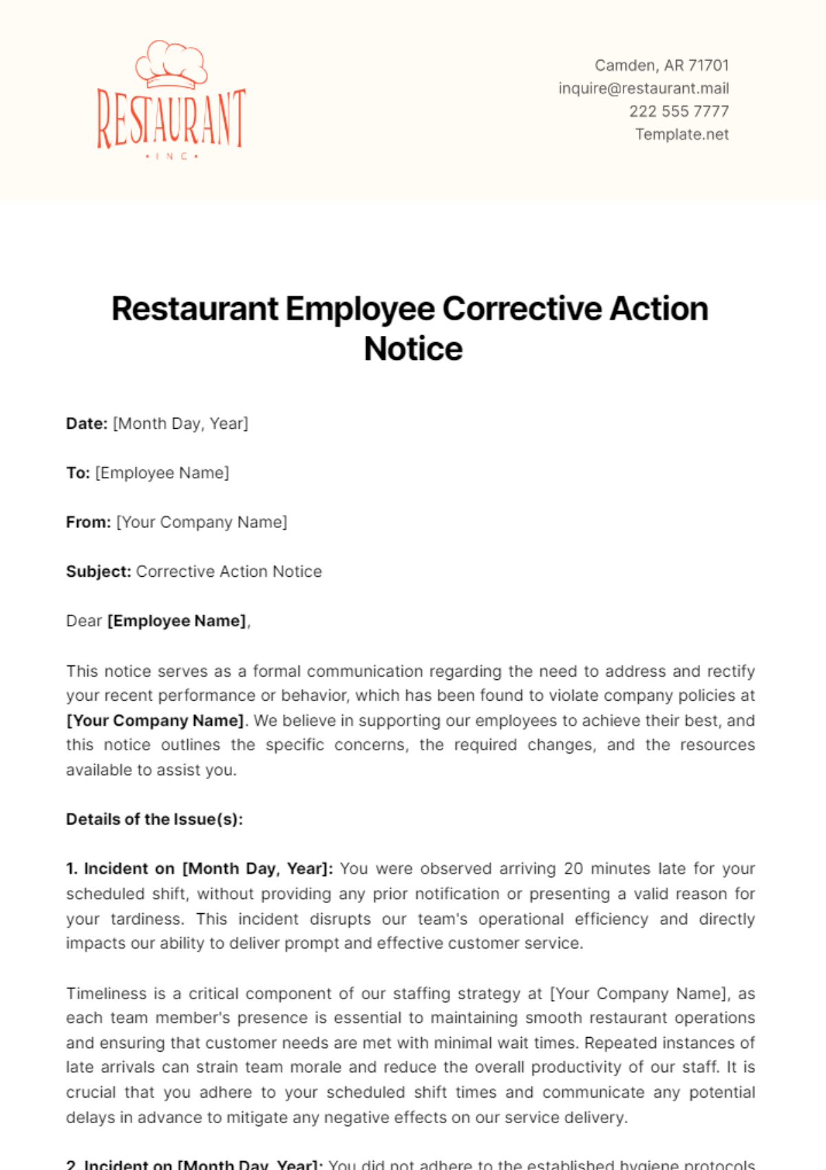 Restaurant Employee Corrective Action Notice Template - Edit Online & Download