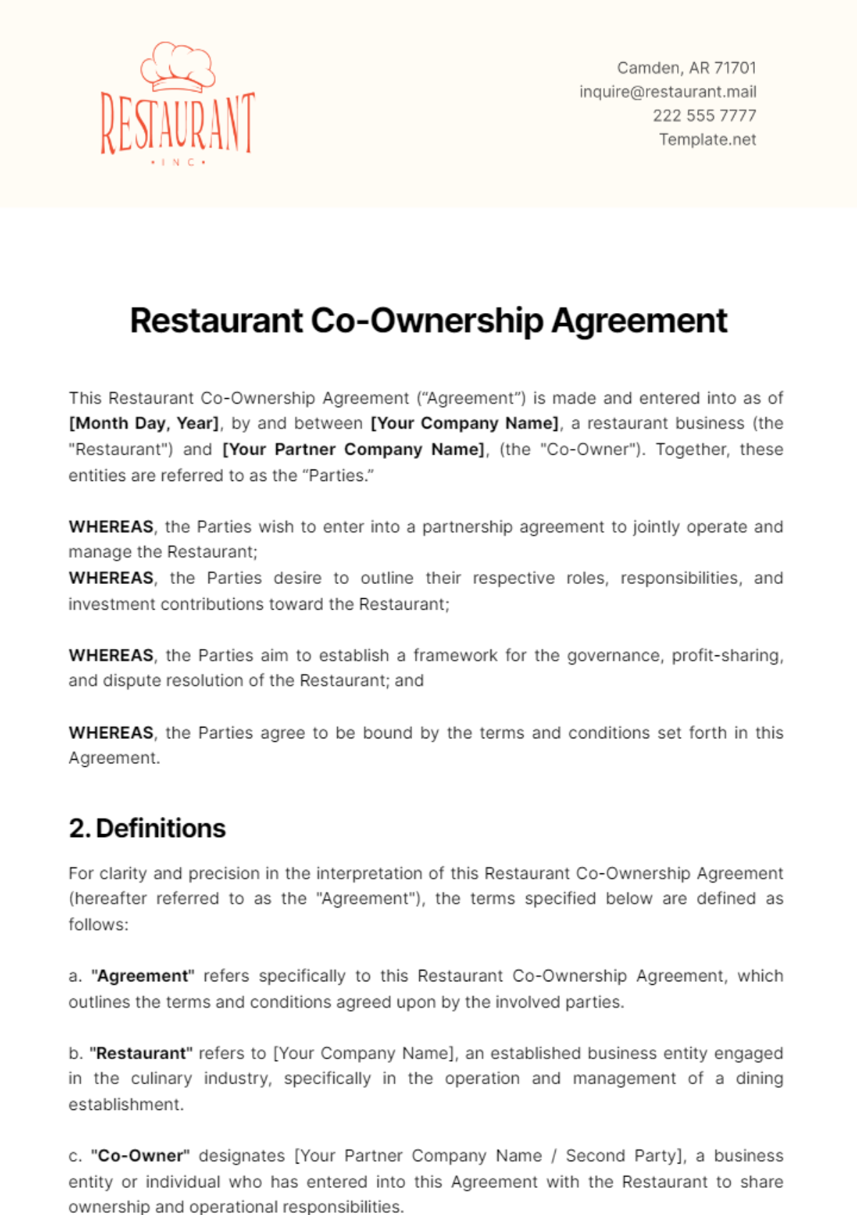 Restaurant Co-Ownership Agreement Template