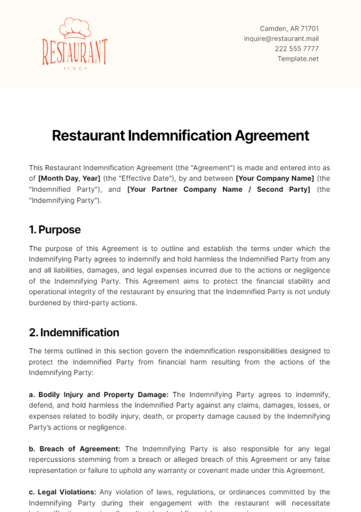 Restaurant Indemnification Agreement Template - Edit Online & Download