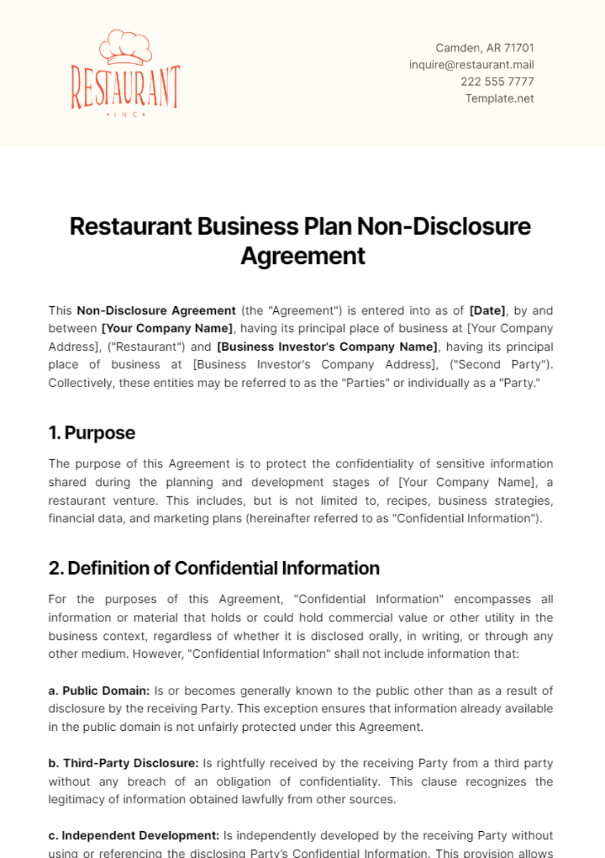 Restaurant Business Plan Non Disclosure Agreement Template