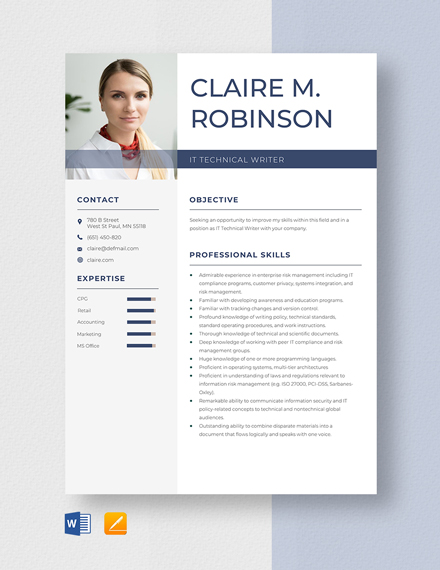 IT Technical Writer Resume Template - Word, Apple Pages