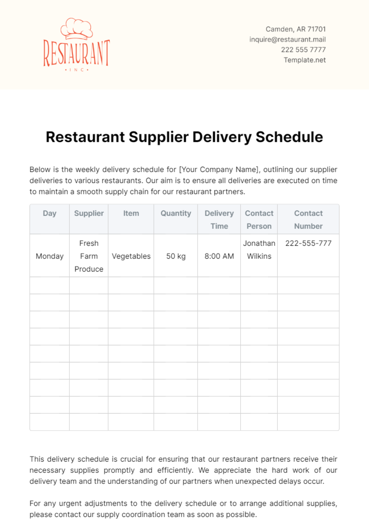 Restaurant Supplier Delivery Schedule Template - Edit Online & Download