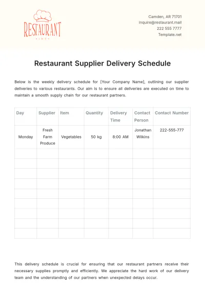 Free Restaurant Supplier Delivery Schedule Template to Edit Online