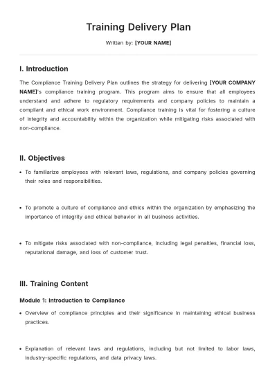 Free Training Delivery Plan Template to Edit Online