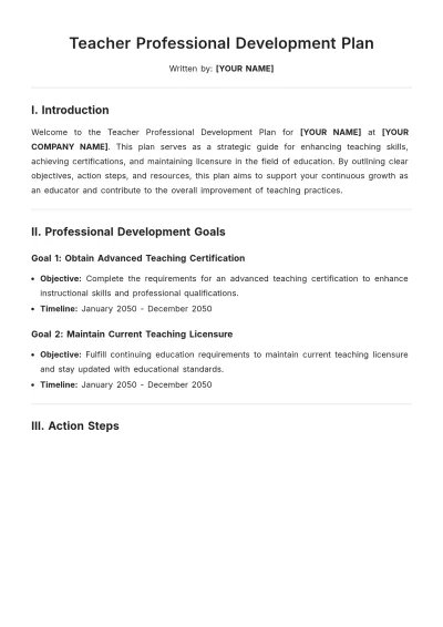 Free Teacher Professional Development Plan Template to Edit Online
