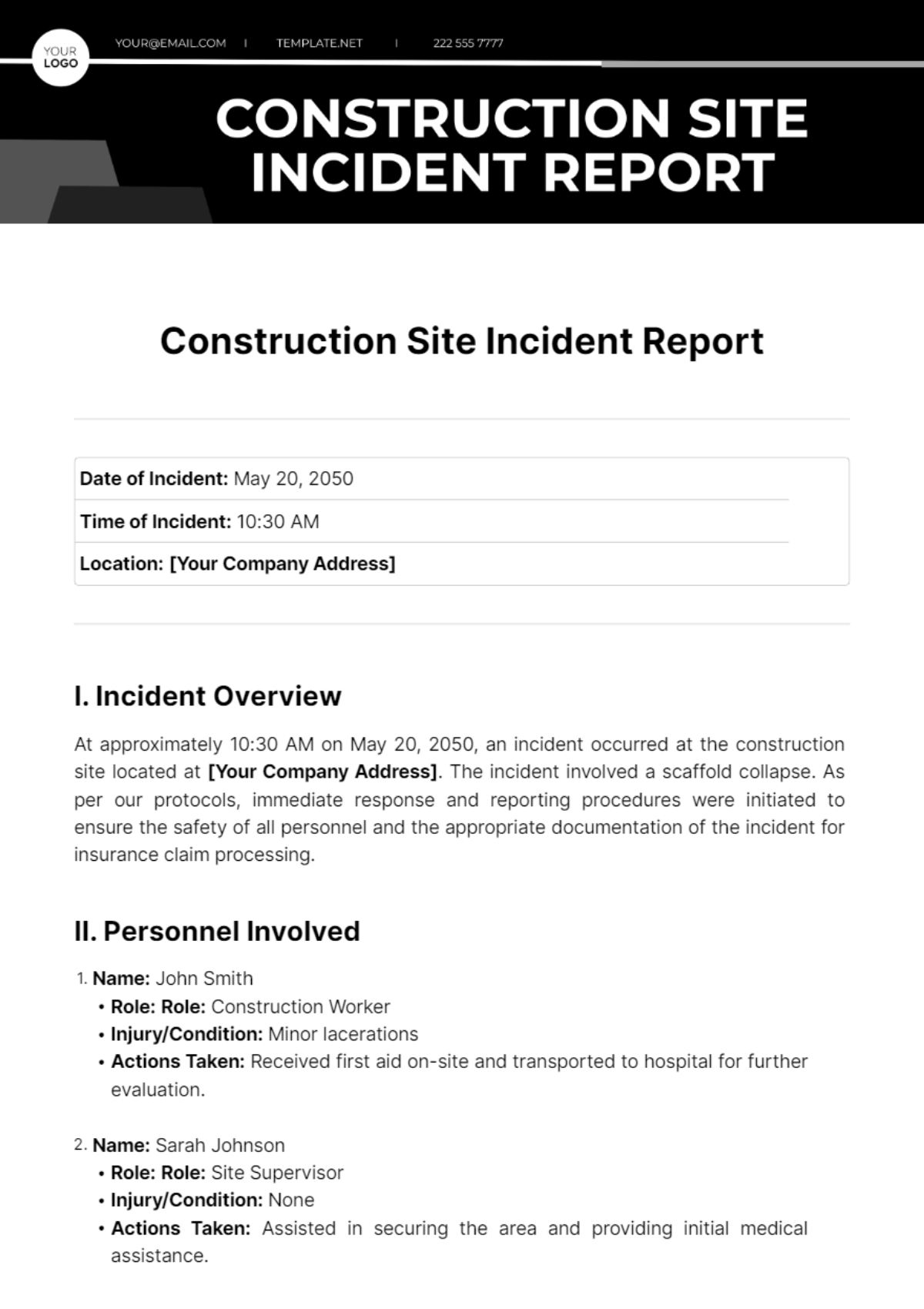 Construction Site Incident Report Template - Edit Online & Download