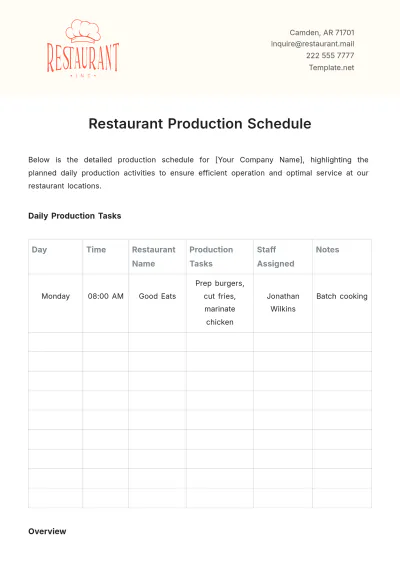 Free Restaurant Production Schedule Template to Edit Online