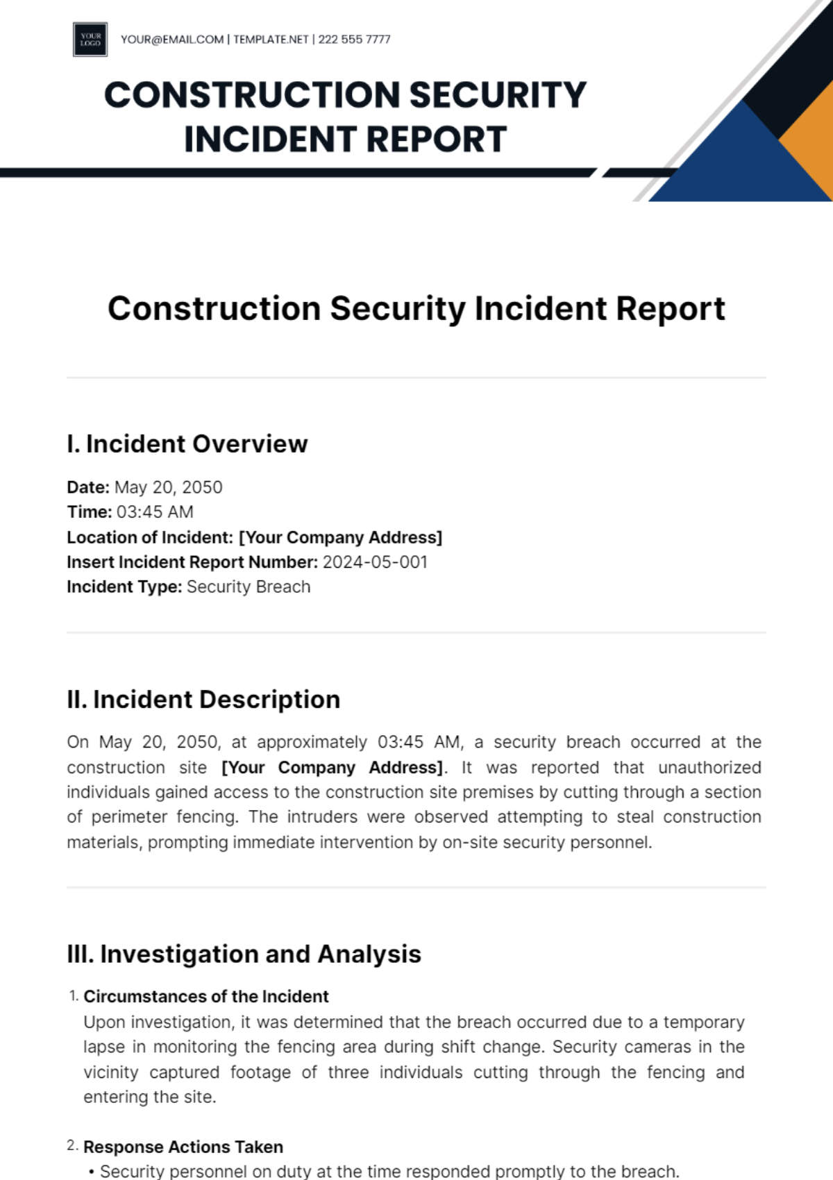 Construction Security Incident Report Template - Edit Online & Download