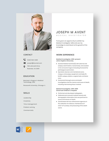 Free Medical Investigator Resume Template - Word, Apple Pages