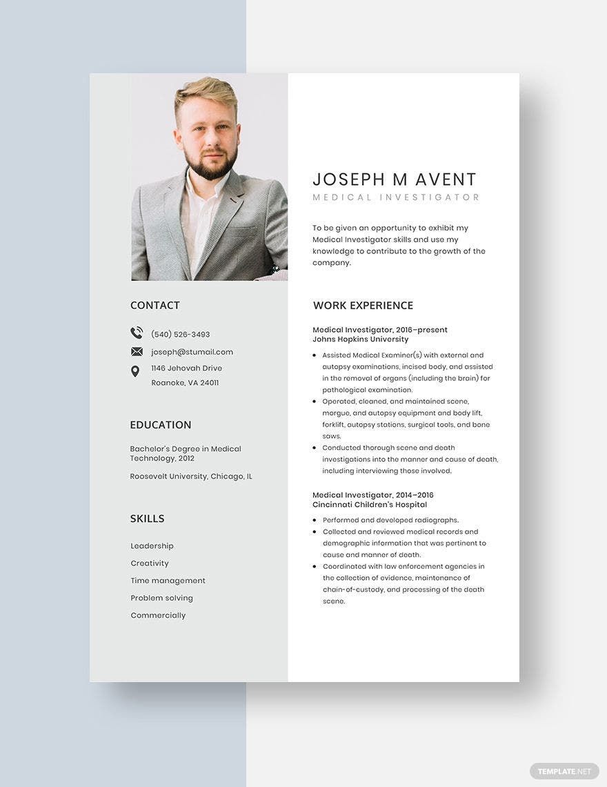 Free Medical Investigator Resume in Word, Apple Pages