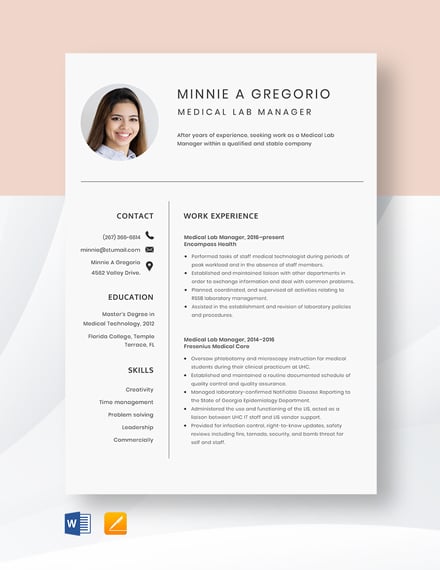 Free Medical Lab Manager Resume Template - Word, Apple Pages