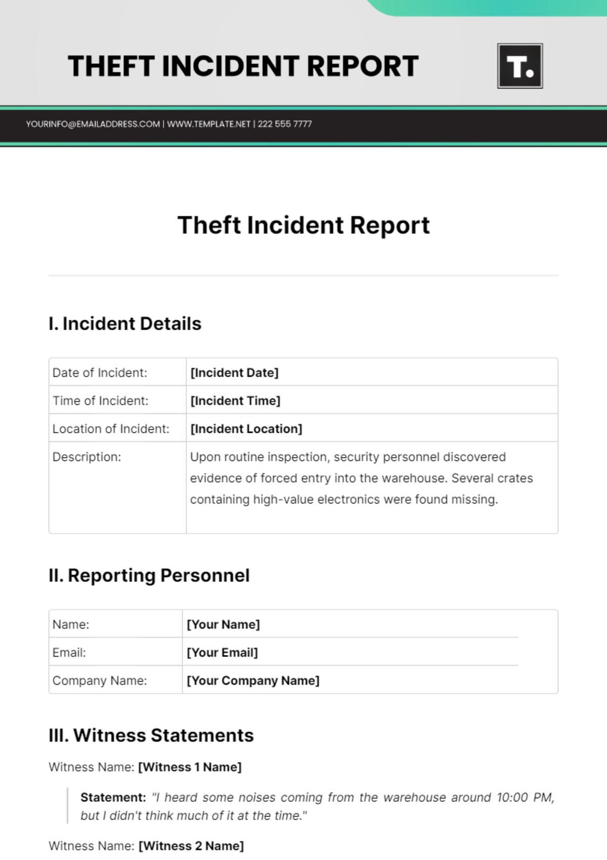 Free Theft Incident Report Template - Edit Online & Download | Template.net