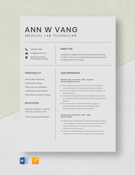 Medical Lab Technician Resume Template - Word, Apple Pages