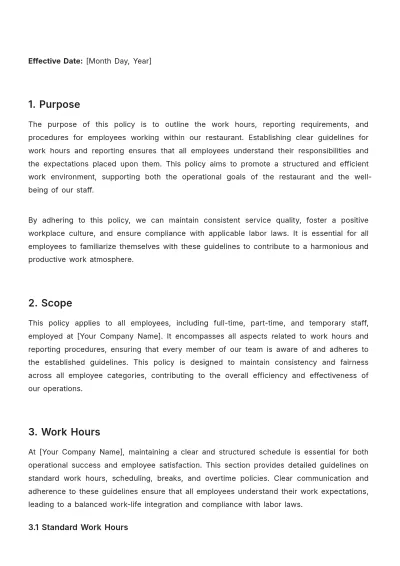 Free Restaurant Work Hours and Reporting Policy Template to Edit Online