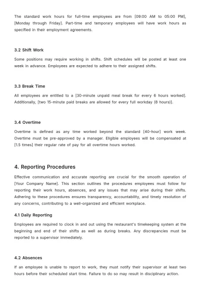 Free Restaurant Work Hours and Reporting Policy Template to Edit Online