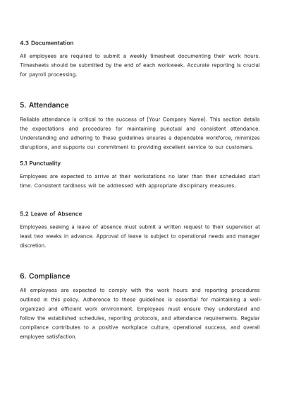 Free Restaurant Work Hours and Reporting Policy Template to Edit Online