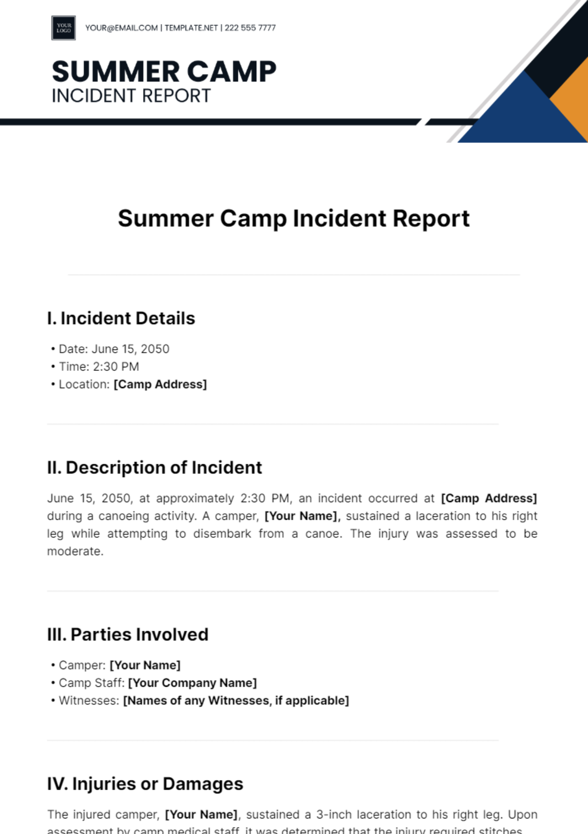 Summer Camp Incident Report Template - Edit Online & Download