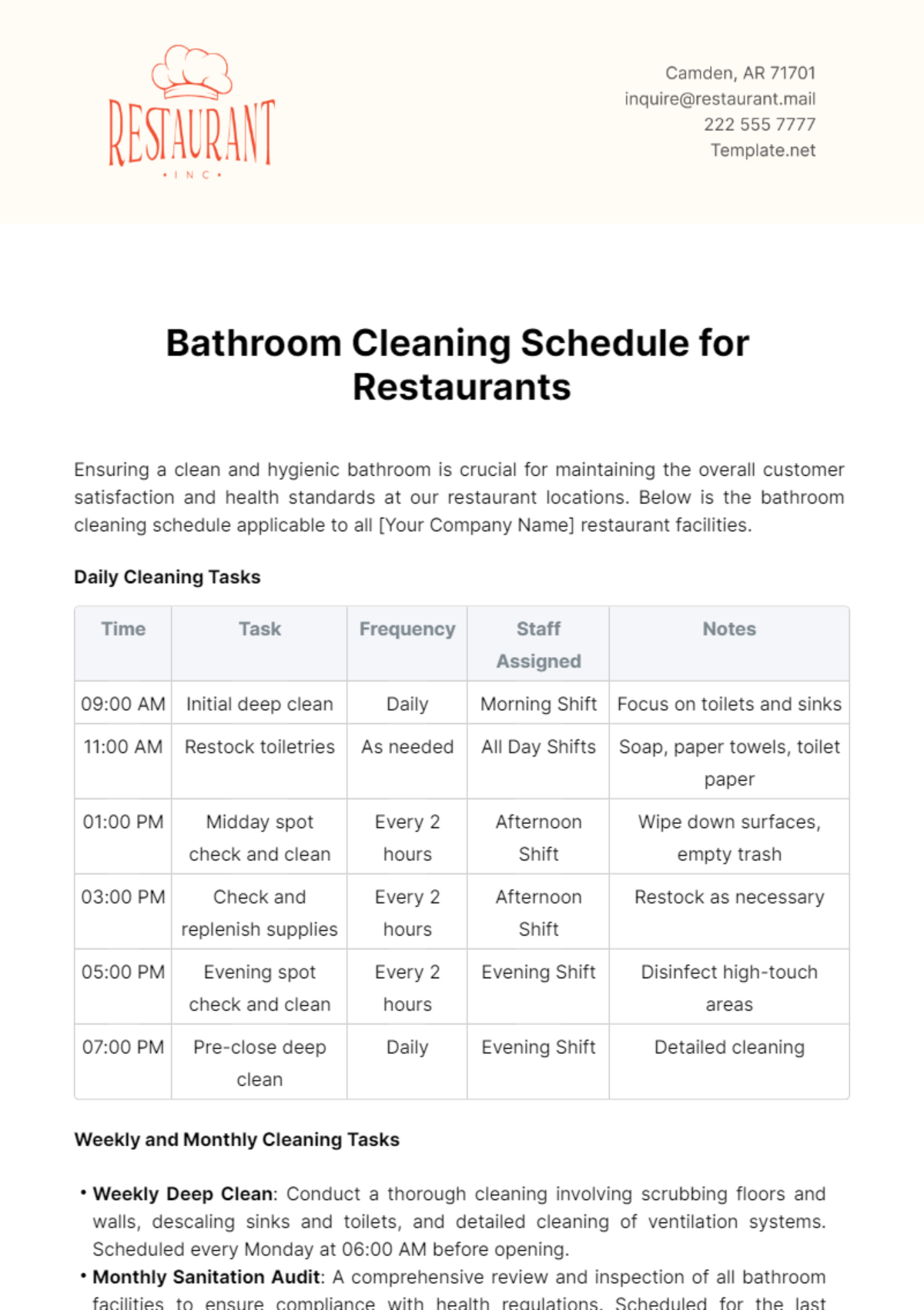 Bathroom Cleaning Schedule for Restaurants Template - Edit Online & Download