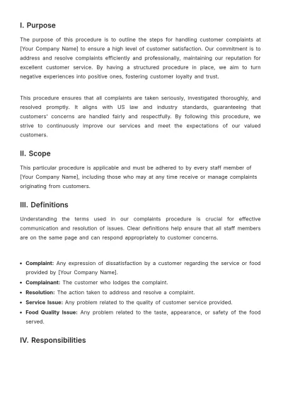 Free Restaurant Complaints Procedure Template to Edit Online