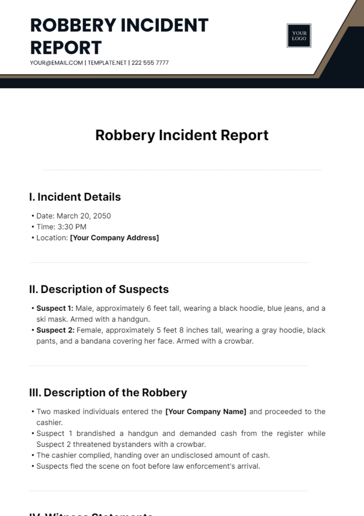 Robbery Incident Report Template - Edit Online & Download