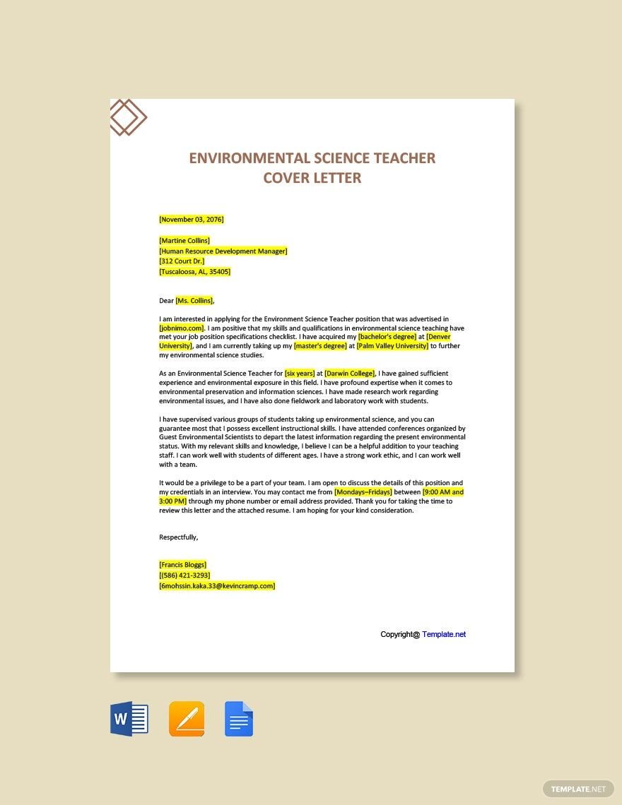 Environmental Science Teacher Cover Letter