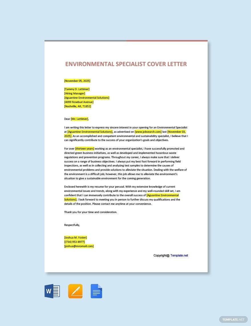 Environmental Specialist Cover Letter