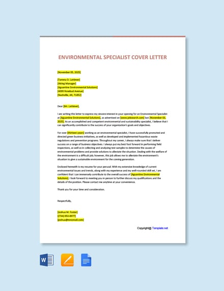 Environmental Specialist Cover Letter 